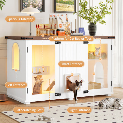 47.25 Large Cat Litter Box Enclosure With LED Light, Hidden Litter Box Furniture, Cat House With Stairs And Cat Scratching Post, Cat Cabinet Side Table With Smart Doors For Living Room, White