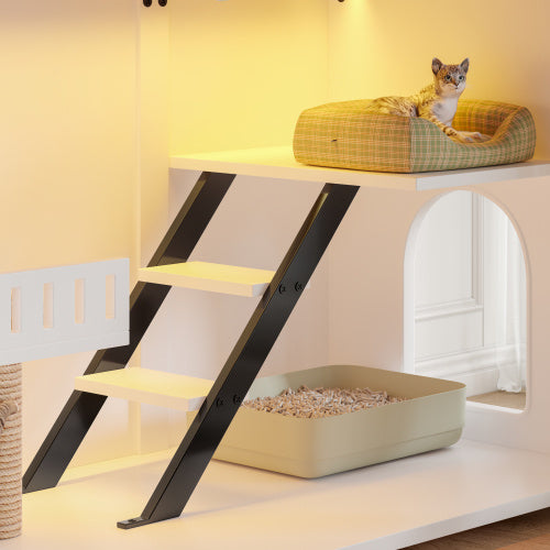 47.25 Large Cat Litter Box Enclosure With LED Light, Hidden Litter Box Furniture, Cat House With Stairs And Cat Scratching Post, Cat Cabinet Side Table With Smart Doors For Living Room, White