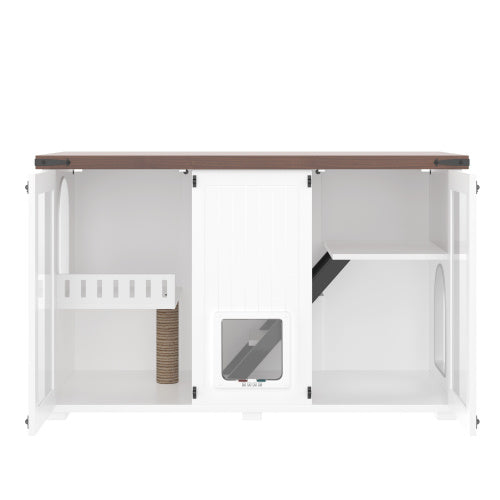 47.25 Large Cat Litter Box Enclosure With LED Light, Hidden Litter Box Furniture, Cat House With Stairs And Cat Scratching Post, Cat Cabinet Side Table With Smart Doors For Living Room, White