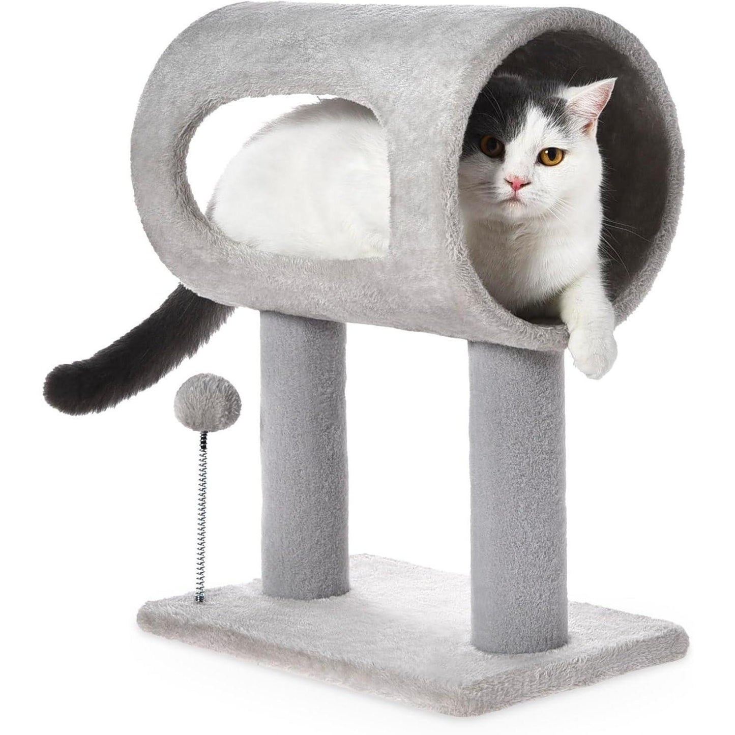 Gray Indoor Cat Tree With Hanging Ball 20.5Cat Tree With Tunnel Bed And Scratching Post Cat Tower