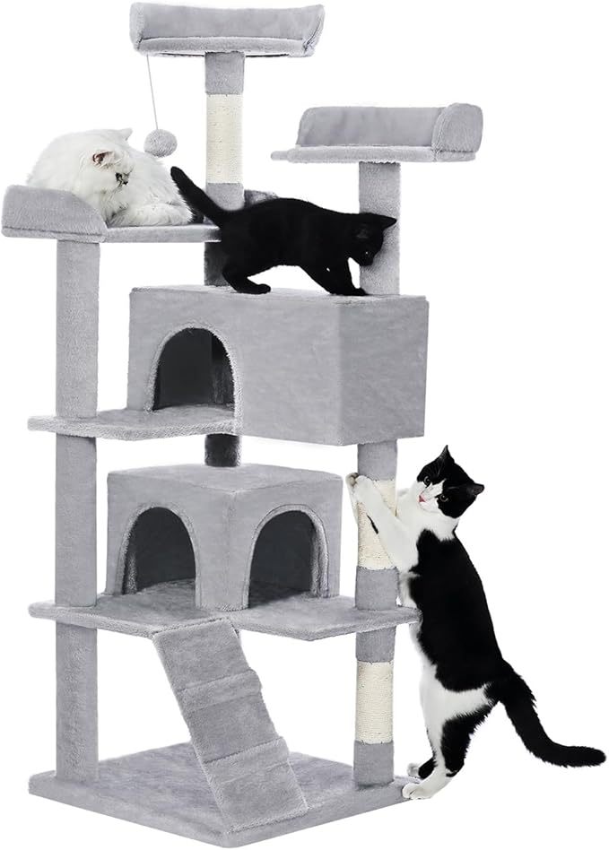 Made4Pets 56-inch Pet Cat Tree For Indoor Cats Multi-Level Cat Tree With 2 Apartments Cat Activity Center With Scratching Posts And Toys Light Gray